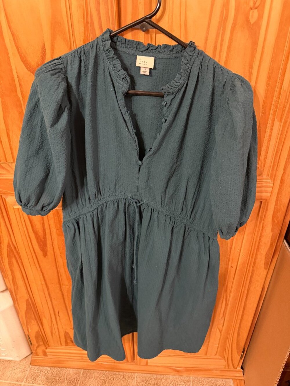 A New Day Teal Puff Sleeve Cinch Waist  Mini Dress Small